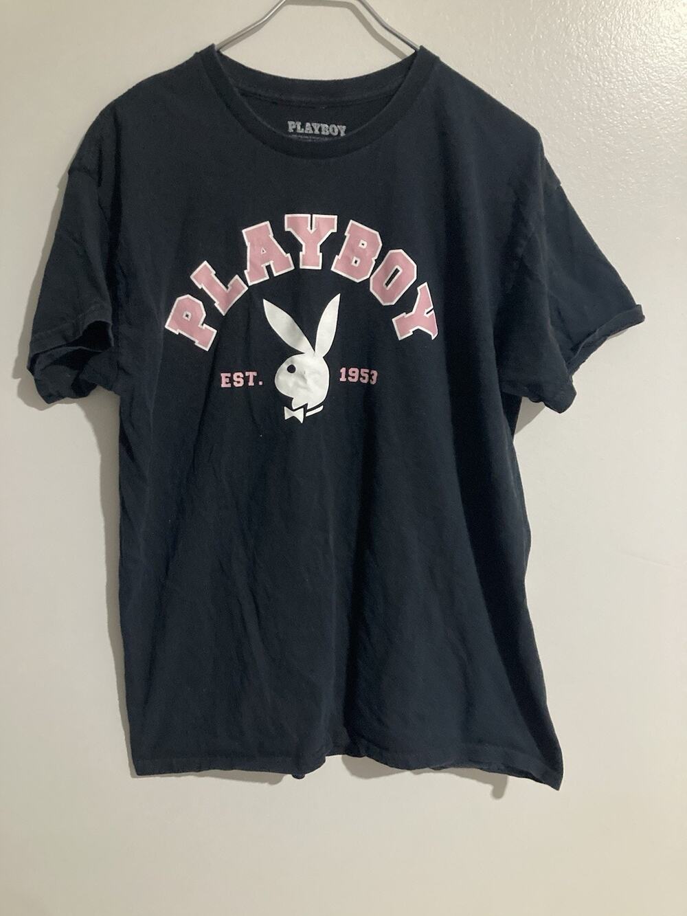 Playboy Men’s Size Large Black T-Shirt with Bunny Logo Graphic Front Pink Font